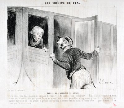 Umělecké dílo Honore Daumiera (1808-1879). Charivari pochází z roku 1843: Serie LES RAILWAYS Nebezpečí usnutí na cestě „“ -Probuďte se, pane a vystupte z auta! - Kam jedeme? - Ale Rouen parbleu! - V Rouen a já, který jsme chtěli jet jen do Poiss od Honoré Daumier