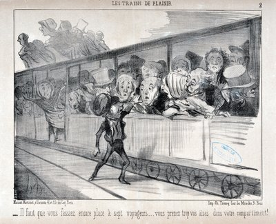 Umělecké dílo Honore Daumiera (1808-1879). Charivari pochází z roku 1852: Serie LES TRAINS DE PLEASURE - Musíte uvolnit místo pro sedm cestujících... ve svém kupé jste příliš pohodlní! MUZEUM VÝTVARNÉHO UMĚNÍ - PALACE LONGCHAMP, MARSEILLE od Honoré Daumier