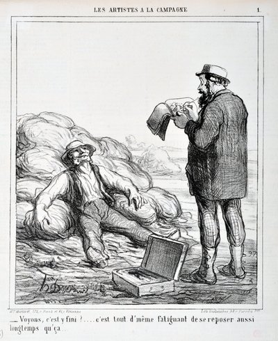Umělecké dílo Honore Daumiera (1808-1879). Charivari pochází z roku 1865: Serie LES ARTISTS IN THE CAMPAGNE “” - Podívejme se, je konec?... Je stále únavné odpočívat, dokud...” MUZEUM VÝTVARNÝCH UMĚNÍ - PALACE LONGCHAMP, MARSEILLE od Honoré Daumier