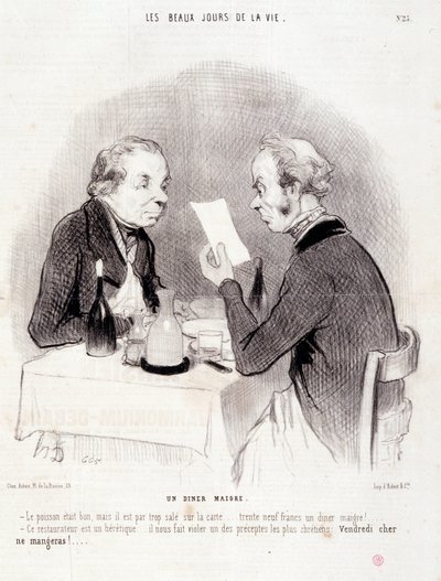 Karikatura o drahém životě. Série „“The Beautiful Days of Life““: Štíhlá večeře...“ Rytina Honore DAUMIER (1808-1879). Výňatek z novin „“Le Charivari““ z 18. října od Honoré Daumier