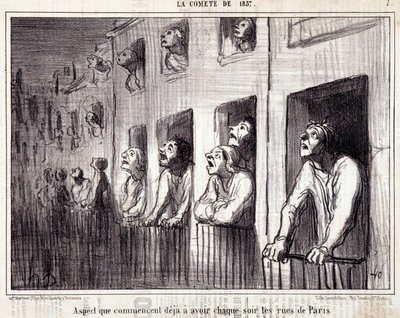Karikatura o vědě. Serie Sur “” la Comete de 1857”””: “” Aspekt, který už začíná mít každou noc v ulicích Paříže””. Rytina Honore DAUMIEROVÉ (1808-1879). Výňatek z novin „“Le Charivari““. Rozměr 38 x 25 cm. Inv D - box 7 Marseille, od Honoré Daumier