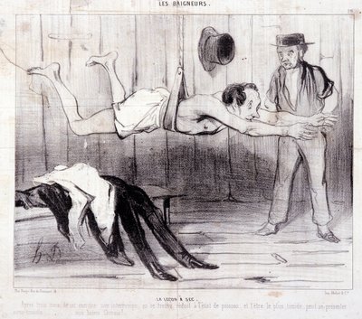 Kreslený vtip o turistech na dovolené. Série "Les Baigneurs": "La lecon a dry". Seriál "Les Baigneurs": "La lecon a dry". Rytina Honore DAUMIER (1808-1879). Výňatek z novin "Le Charivari". Rozměr 25x36 cm krabice 12 Marseille, Musee od Honoré Daumier