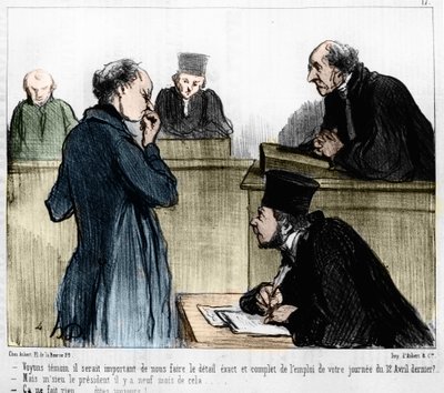 Cartoon by Daumier: Serie “” Les Gens de justice”” publikovaná v “” Charivari”” 4. 3. 1846. Výslech svědka. od Honoré Daumier