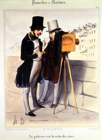 Kreslený film zesměšňující dobu potřebnou k pořízení daguerrotypní fotografie, kolem roku 1840 (barevné lito) od Honoré Daumier