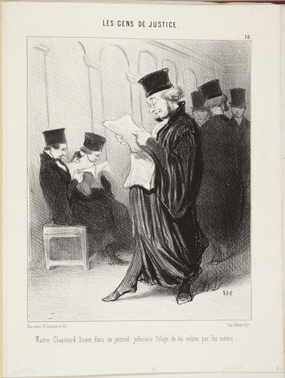 Mistr Chapotard čte v soudních novinách chválu na sebe samého od sebe samého od Honoré Daumier