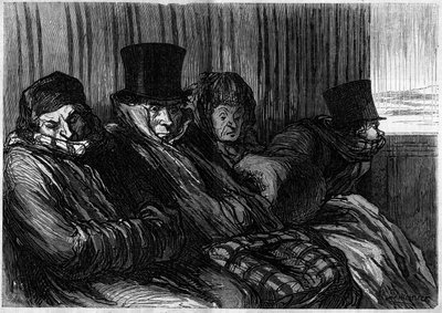 Vlaky pro potěšení: 10 stupňů nudy a špatné nálady. Kreslený film Honore Daumier (1808-1879). Rytina v „“ Le Monde Illustré““ č. 249 z 18. ledna od Honoré Daumier
