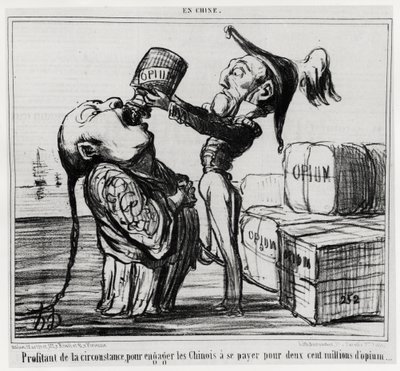 Druhá opiová válka (1856-1860): V roce 1858 čínská vláda souhlasila s legalizací obchodu s opiem. „“Využití okolností k zapojení Číňanů, aby zaplatili za dvě stě milionů opia““, v seriálu En Chine, ilustrace Honore Daumier (1 od Honoré Daumier