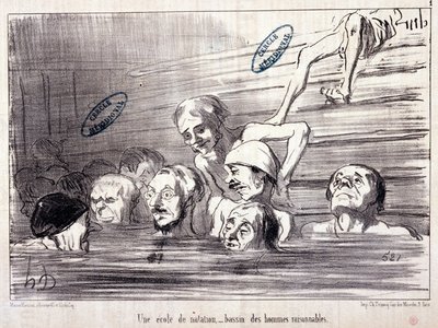 Série „“ Les Bains de Mer““: „“ Vodní skica. Plavecká škola, bazén rozumných mužů.“ Rytina Honore DAUMIEROVÉ (1808-1879). Výňatek z novin ""Le Charivari"" od Honoré Daumier