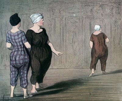 Série „“Les batheuses““ dvě ženy v plavkách zkoumá střih jiné, karikatura od Honore Daumier (1808-1879) 1844 (Koupající se: dvě dámy v plavkách, dívají se nahoru a dolů v pase jiné) Soukromá sbírka od Honoré Daumier