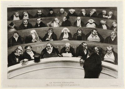 The Legislative Belly: Pohled na ministerské lavice v improvizované komoře z roku 1834 (litografie) od Honoré Daumier
