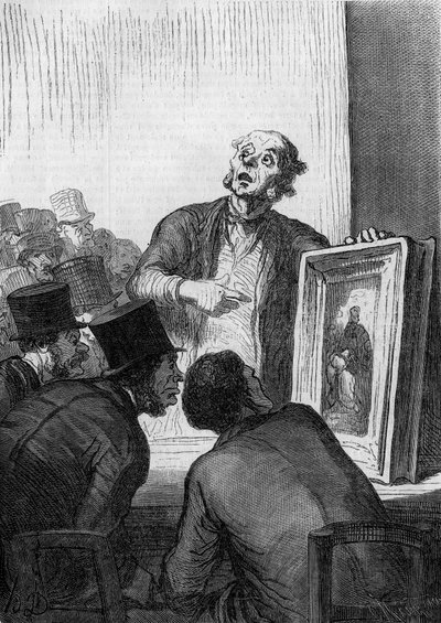 Aukční dům: odborník na umění. Karikatura od Honore Daumiera (1808-1879). Rytina v „“ Le Monde Illustré““ č. 308 ze 7. března od Honoré Daumier
