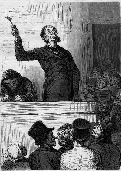 Aukční dům: dražebník (dražitel). Kreslený film Honore Daumier (1808-1879). Rytina v „“ Le Monde Illustré““ č. 300 z 10. ledna od Honoré Daumier