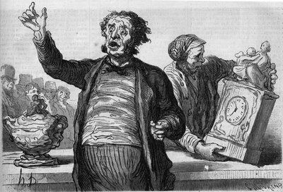 Hotel dražitelů: veřejný křikloun. Kreslený film Honore Daumier (1808-1879). Rytina v „“ Le Monde Illustré““ č. 551 z 2. ledna od Honoré Daumier