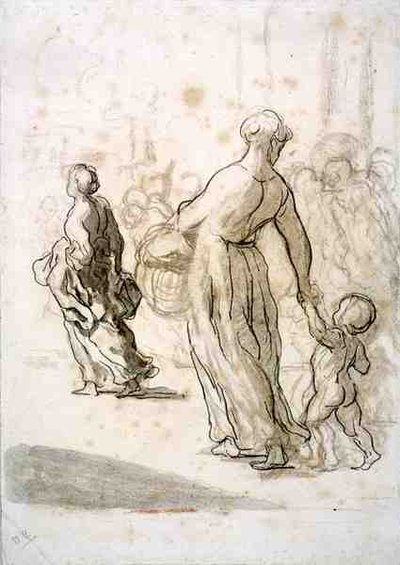 Dvě ženy a dítě, kolem 1848-50 (křída, dřevěné uhlí a kvaš na starožitném papíře) od Honoré Daumier