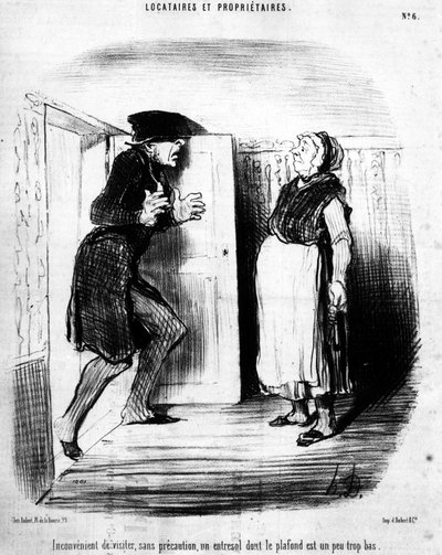 Není vhodné bez opatrnosti navštěvovat entresol, jehož strop je trochu příliš nízký, převzato z kresleného seriálu „“ Tenants et Owners“ od Honore Daumiera (1808-1879). "Serenáda" od Honoré Daumier