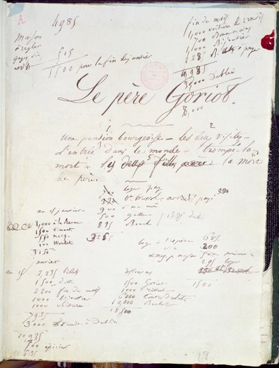 Stránka rukopisu "Le Pere Goriot" 88; "La Comedie Humaine"; od Honore de Balzac