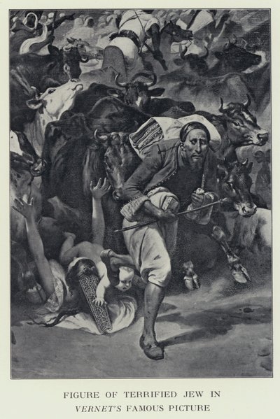 Postava vyděšeného Žida na Vernetově slavném obrázku - údajně vyobrazení barona Jamese Rothschilda (černobílá fotografie) od Horace (after) Vernet