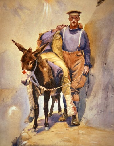 John Simpson Kirkpatrick z 3. australské polní ambulance, který se svým oslem zachránil zraněné vojáky v Gallipoli v roce 1915 od Horace Moore-Jones