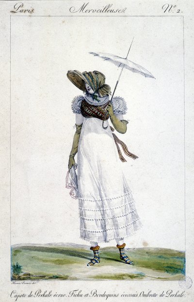 Módní rytina od Horace Verneta (1789 - 1863), vytvořená kolem roku 1810 pro „A Wonderful“, zobrazující ženu s baldachýnem z ecrue, krvavou tartanovou výšivkou a deštníkem. od Emile Jean Horace Vernet
