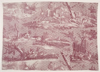 Fragment mědirytinového tisku na bavlně s motivem lovecké scény od Horace Vernet