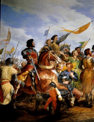 Francouzsko-anglická válka (1202-1214): „“bitva u Bouvines dne 27.7.1214, Philippe Auguste nasadil korunu Francie““ Postavila se proti francouzské armádě Philippa Augusta proti Vlámům a Welfům z Othonu IV. . Francouzské vítězství bylo rozhodující v o od Emile Jean Horace Vernet