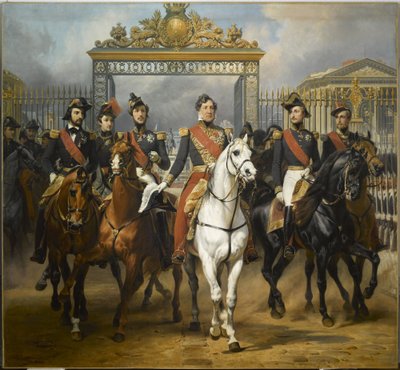 Král Ludvík Filip obklopený svými pěti syny vychází hlavní branou zámku Versailles po vojenské přehlídce na nádvořích, 10. června 1837. od Horace Vernet