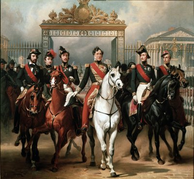 Král Louis-Philippe obklopený svými pěti syny odcházející hlavní bránou Versailleského paláce poté, co prošel vojenskou kontrolou na nádvořích od Emile Jean Horace Vernet
