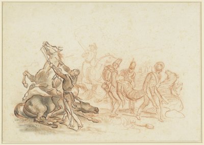 Válečná scéna ve Španělsku: zraněný kůň je zabit výstřelem z pistole od Emile Jean Horace Vernet