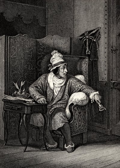 Scéna z Imaginární invalidy od Moliera, od Horace Verneta, rytina - Le Malade imaginaire od Jean-Baptiste Poquelin dit Moliere (1622-1673) od Emile Jean Horace Vernet
