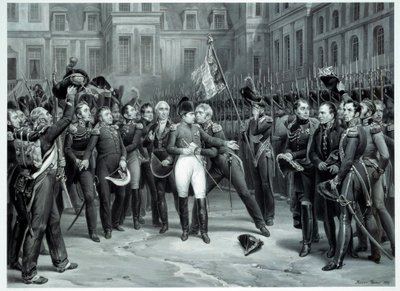 Rozloučení Napoleona Bonaparta (1769-1821) s císařskou stráží na nádvoří Cheval Blanc ve Fontainebleau 20. 4. 1814 Rytina Emile Vernet dit Horace Vernet (1789-1863) 1814 Paříž, B.N. od Emile Jean Horace Vernet