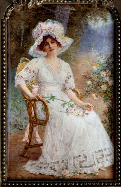 Mladá žena sedící v zahradě Miniatura na slonovině od Hortense Richard (1860-po 1939) Slunce 20. století. 0,24x0,15 m od Hortense Richard