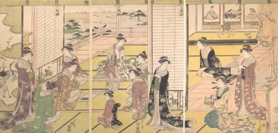Pocta třem bohům poezie: Ženy skládající básně, ca. 1792. od Hosoda Eishi