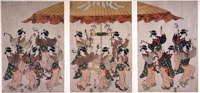 Tanec Sumijoši, triptych, kolem 1791 (barevný dřevotisk) od Hosoda Eishi