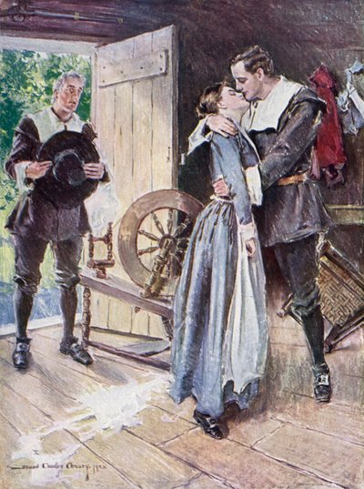 Ilustrace k filmu The Courtship of Miles Standish od Henryho Wadswortha Longfellowa (barevné lito) od Howard Chandler (after) Christy