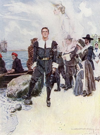 Ilustrace k Námluvě Milese Standishe od Henryho Wadswortha Longfellowa (barevné lito) od Howard Chandler (after) Christy
