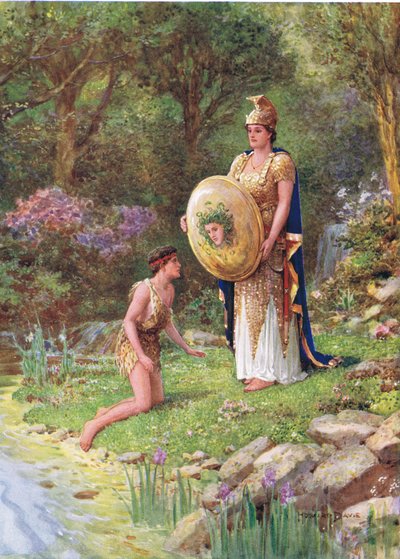„Odvážíš se čelit takovému monstru, jako je tohle?“, ilustrace k „Jak Perseus slíbil ukvapený slib“ z Hrdinů řeckých pohádek od Charlese Kingsleyho (1819-75) (barevné lito) od Howard Davie