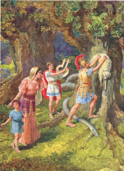 „Jason strhl rouno z kmene stromu“, ilustrace „Jak se Argonauti plavili do Kolchidy“ z Hrdinů řeckých pohádek od Charlese Kingsleyho (1819-75) (barevné lito) od Howard Davie