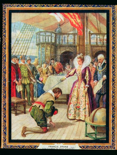 Královna Alžběta I. (1530-1603) rytíři Francis Drake (1540-96), ilustrace z 