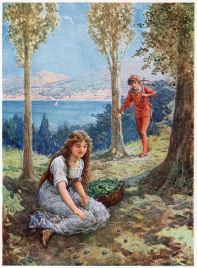 „Najednou se zastavil a uchváceně se díval“ z Italských pohádek od Lilie E. Romano, vydané nakladatelstvím Raphael Tuck & Sons (barevné lito) od Howard Davie