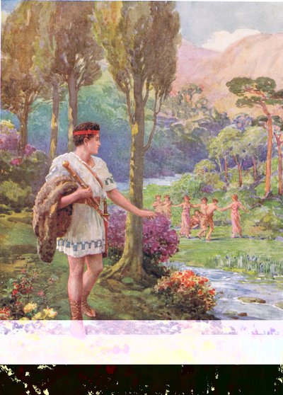 „Ve stínu skal a stromů tančily nymfy a pastýři“, ilustrace k „Jak Theseus zabil požírače lidí“ z Hrdinů řeckých pohádek od Charlese Kingsleyho (1819–75) (barva litho) od Howard Davie