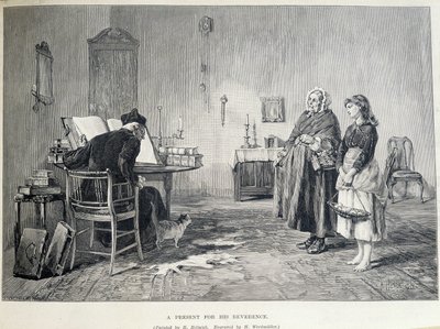 Dvě irské ženy přinášejí dárek řeholníkovi. Rytina H. Werdmullera podle obrazu H. Helmicka v 19. století. od Howard Helmick