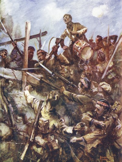 Bubeník Walter Ritchie stojící na nepřátelském parapetu, aby zazněl útok, pod silnou palbou z kulometů a bombovými útoky, Beaumont Hamel, Francie, 1. července 1916 od Howard K. Elcock