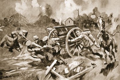 Podkovář-seržant T. Harrison zachraňující koně a zbraně z neudržitelné pozice pod palbou granátů, když byl zraněn velitel od Howard K. Elcock