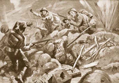 Dočasný podporučík T. E. Adlam, ačkoli je zraněn, vede své muže do bleskového útoku, dobývá německé pozice a zabíjí obránce (litografie). od Howard K. Elcock