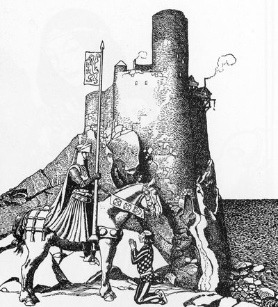 Artušovská legenda: Tristan přijíždí na hrad Nabon (Sir Tristam přijíždí na hrad Sira Nabona) Ilustrace Howarda Pylea (1853-1911) z „Příběhu šampionů kulatého stolu““ 1905 Soukromá sbírka od Howard Pyle