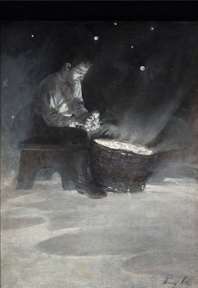 David se posadil na dřevěnou lavičku a vzal velkou modrou hvězdu z knihy „The Garden Behind the Moon“ od Howarda Pylea, vydané v roce 1895 (olej na palubě) od Howard Pyle