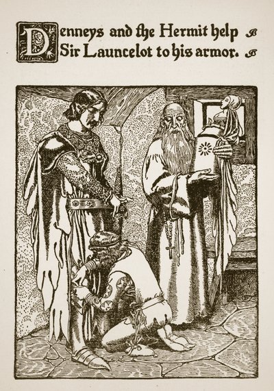 Denneys a poustevník pomáhají siru Launcelotovi do brnění, ilustrace z „Příběhu sira Launcelota a jeho společníků“, 1907 od Howard Pyle