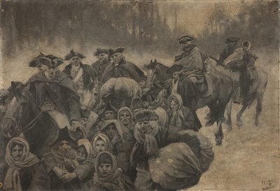 Pět vojáků v červených pláštích na koních a další s pláštěm na očích... kolem nich se shlukovala pestrá směsice chudých lidí, mladých i starých. od Howard Pyle