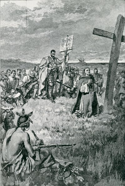 Jacques Cartier (1491-1557) Nastavení kříže u Gaspe, ilustrace z 