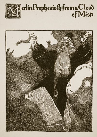 Merlin Prophesieth from cloud of Mist, ilustrace z „Příběhu sira Launcelota a jeho společníků“, 1907 od Howard Pyle